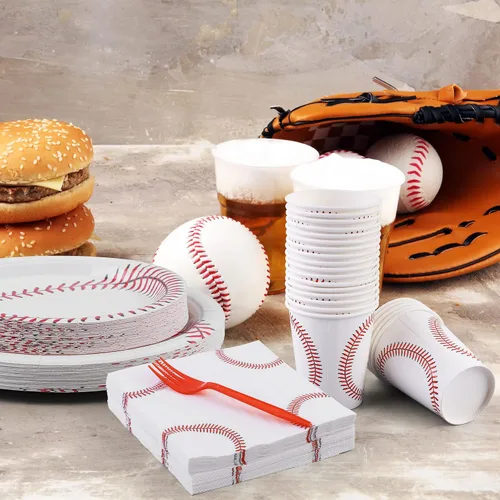 Miniatura 6 de Durony 144 piezas de platos y servilletas de papel de béisbol, juego de vajilla de fiesta de cumpleaños de béisbol, suministros de mesa, incluye