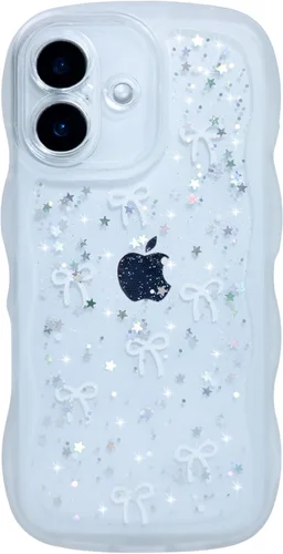 Miniatura 25 de Qokey Funda para iPhone 12 Pro Max de 6.7 pulgadas, diseño de onda rizada, borde transparente, brillante con purpurina, estrella brillante, bonita