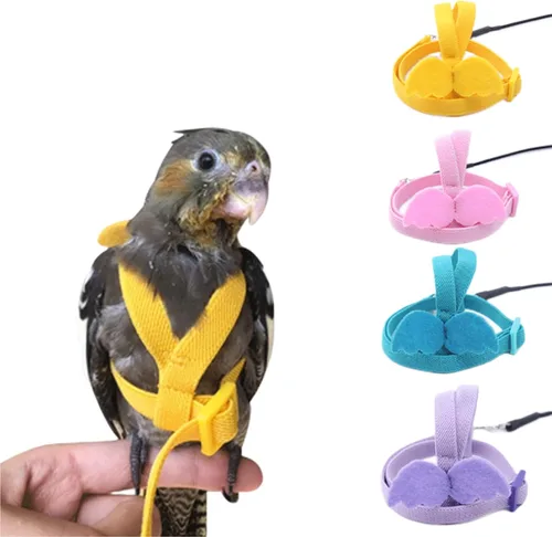 Miniatura 7 de Arnés para pájaros, correa de loro, kit ajustable para volar al aire libre para loro, budgie, tortolito, cacatúa, guacamayo (morado, S)