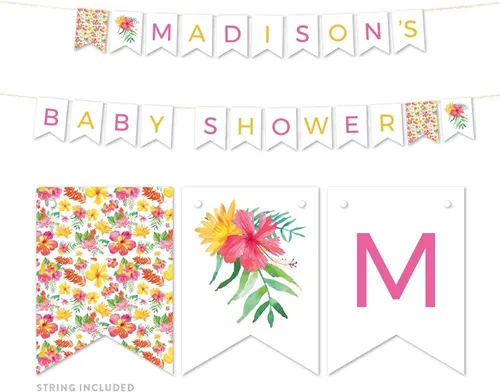 Andaz Press Colección de baby shower, fiesta de jardín floral tropical, banderín colgante personalizado con cuerda, baby shower de Madison, 5 pies,