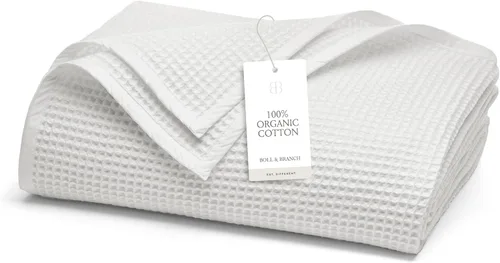 Miniatura 11 de BOLL & BRANCH Manta de cama de punto gofre, tamaño King/Cal King, color crema, de lujo, 100% algodón orgánico, suave, ligera y transpirable, tejido
