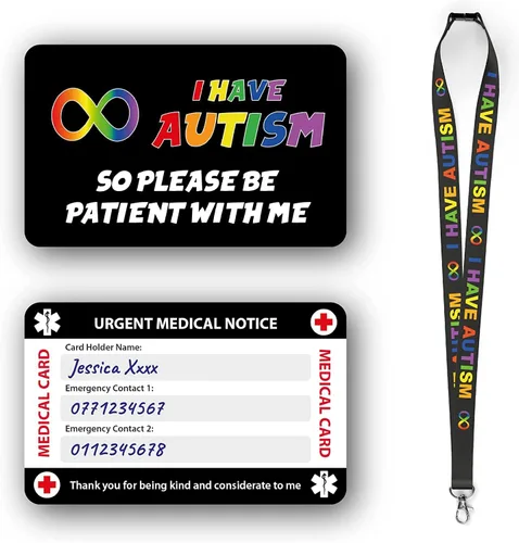 Miniatura 12 de Tarjeta médica de concientización no verbal para autismo, autista, con panel para escribir y cordón con patrón de autismo con tarjetero impermeable