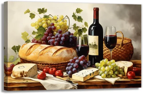 Miniatura 10 de OAAPITI Cuadros de Cocina Decoración de Pared Acuarela Vino Uva Pan Impresión en Lienzo Pinturas Abstractas de Frutas y Alimentos para Comedor Casa