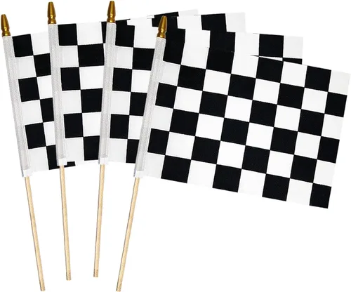 Miniatura 8 de 2 banderas a cuadros de 8 x 12 pulgadas, bandera de carreras en blanco y negro con palo de madera de 14.5 pulgadas, bandera de mano con parte