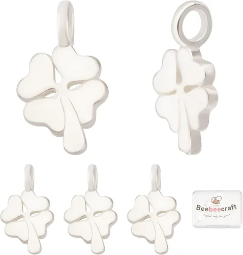Miniatura 8 de Beebeecraft 5 unidades/caja de trébol de cuatro hojas de plata de ley 925 de buena suerte, dijes de trébol para el día de San Patricio, colgantes