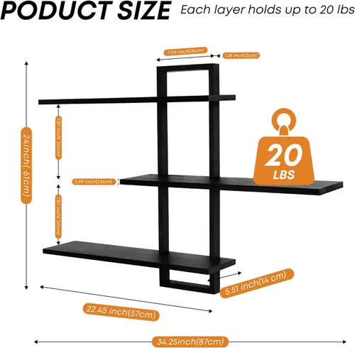Miniatura 3 de PHOENANCEE Estantes de pared de 3 niveles, estante flotante decorativo para pared, estante de fotos de plantas, estantes de madera para sala de Negro