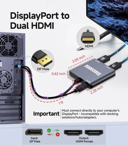 Miniatura 5 de Adaptador DisplayPort a Dual HDMI 1 entrada y 2 salidas 4K60Hz, divisor de puerto de pantalla extendida de DP a HDMI para monitores duales