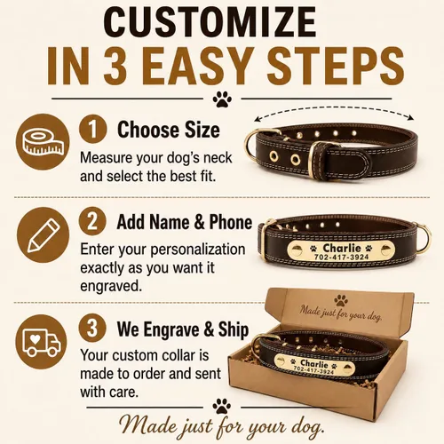 Miniatura 8 de Collar de cuero para perro personalizado con placa de nombre grabable - Collar con etiqueta de identificación duradera - Collar para perro