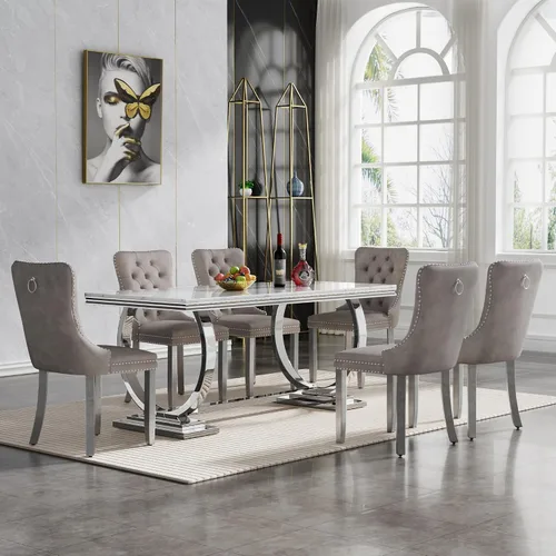 Miniatura 71 de HomVent Juego de mesa de comedor moderna de mármol sintético para 4 personas, mesa de cocina rectangular con 4 sillas beige (dorado)