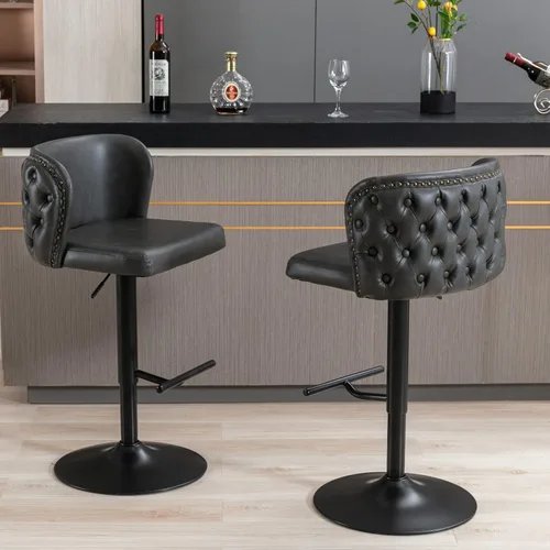 Miniatura 10 de Juego de 2 taburetes de bar de cuero, taburetes de bar giratorios de altura ajustable con botón trasero copetudo y patas de metal cromado dorado