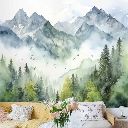 Miniatura 9 de Atrippy Tapiz verde de naturaleza forestal para dormitorio, paisaje brumoso, telón de fondo para colgar en la pared, mural de pared grande, tapices