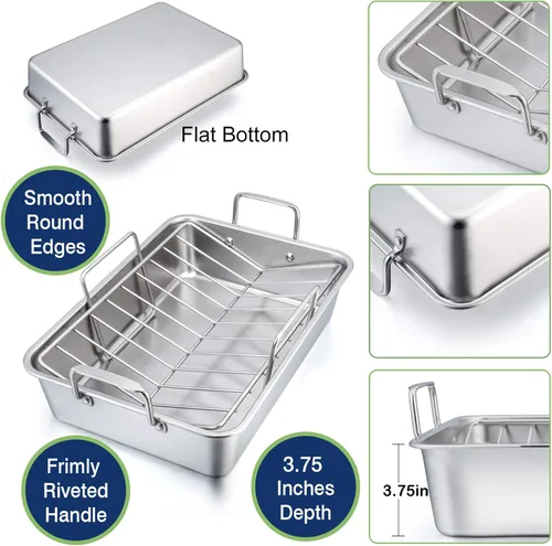 Miniatura 4 de P&P CHEF Asador de 16 pulgadas con estante para hornear y estante en forma de V, sartén rectangular de acero inoxidable para lasaña con asas
