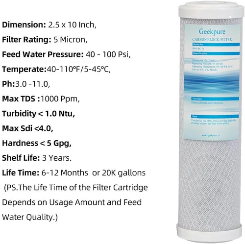 Miniatura 3 de Geekpure Cartucho de filtro de repuesto de bloque de carbono para sistema de filtración de agua RO y filtración de agua para toda la casa, reduce