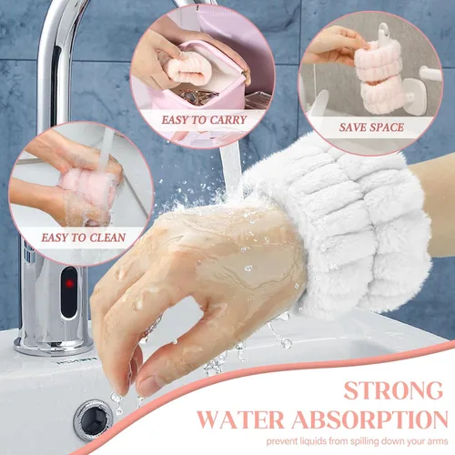 Miniatura 4 de Crosize 8 piezas de bandas de muñeca de microfibra para lavar la cara, pulseras absorbentes para lavar la cara para mujeres, evita que el agua se
