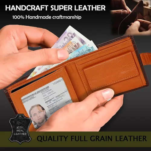Miniatura 4 de StarHide Billetera para hombre con bloqueo RFID, de piel real, compacto, con bolsillo, tarjetero para identificación, 1075, marrón y marrón, Marrón