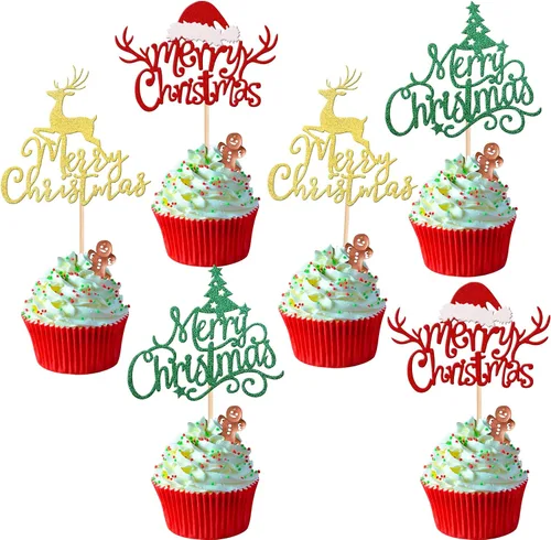 Miniatura 33 de Rsstarxi Paquete de 24 Adornos para Cupcakes Oh Baby de Navidad con Purpurina, Sombreros de Navidad, Palillos para Cupcakes de Baby Shower para Baby