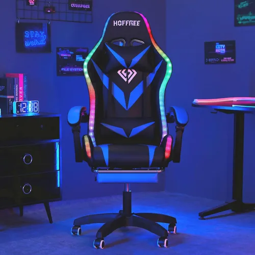 Miniatura 4 de HOFFREE - Silla gamer con masaje, altavoces Bluetooth y luces LED, silla ergonómica para computadora y videojuegos con reposapiés, silla de Azul
