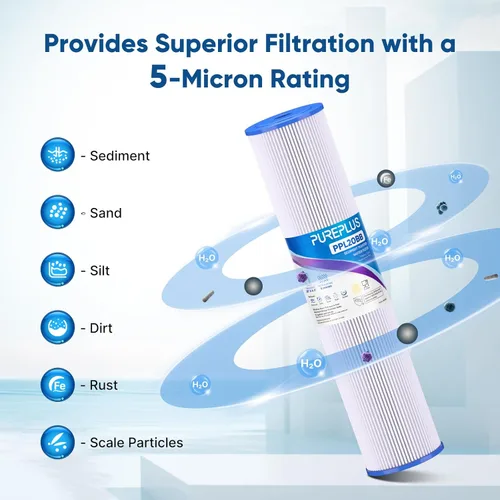 Miniatura 5 de PUREPLUS Filtro de sedimento plisado para toda la casa de 5 micrones de 20" x 4.5" para agua de pozo, cartucho de repuesto para ECP20-20BB, AP810-2