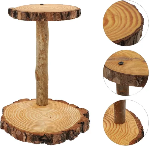 Miniatura 7 de HOMSFOU - Soporte de madera para cupcakes de 2 niveles, estante de exhibición de postres rústico multicapa, soporte redondo para mesa de boda