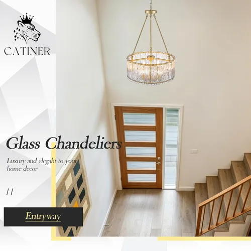 Miniatura 7 de CATINER Candelabro de cristal de 20 pulgadas, moderno, 6 luces, lámparas de tambor dorado, iluminación colgante de techo de lujo para entrada