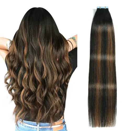 Miniatura 14 de SUYYA - Extensiones de cabello adhesivas de color borgoña; cabello humano 100 % real; extensiones de cabello adhesivas, invisibles, lacias y sin