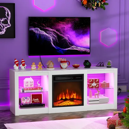 Miniatura 10 de BREEZEHEAT - Soporte de TV con chimenea eléctrica de 58 pulgadas para televisor de 65" - Centro de entretenimiento con chimenea de 18" y luz LED