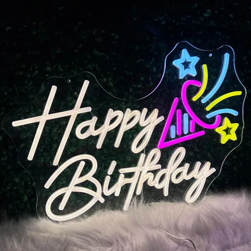 Miniatura 4 de Letrero de neón de feliz cumpleaños, letrero de fiesta con luz LED de 20 pulgadas para decoración de pared con enchufe USB, letrero iluminado