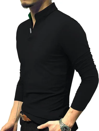 Miniatura 3 de LOGEEYAR Camisa polo de moda para hombre, de manga larga, ajustada, Henley, ropa de algodón piqué