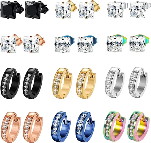 NEWITIN 12 Pairs Stainless Steel Stud Earrings for Men Hypoallergenic Earrings Inlaid Cubic Zirconia Men Earrings Hoop Earrings Stud Earrings for