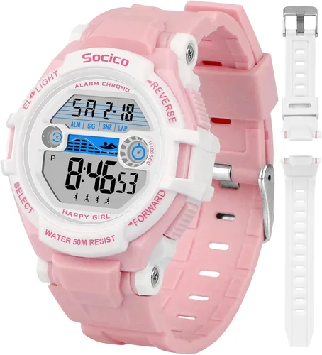 SOCICO Relojes digitales para niños y niñas, 7 luces de color, impermeable, reloj deportivo para niños con 2 correas intercambiables, cronómetro,