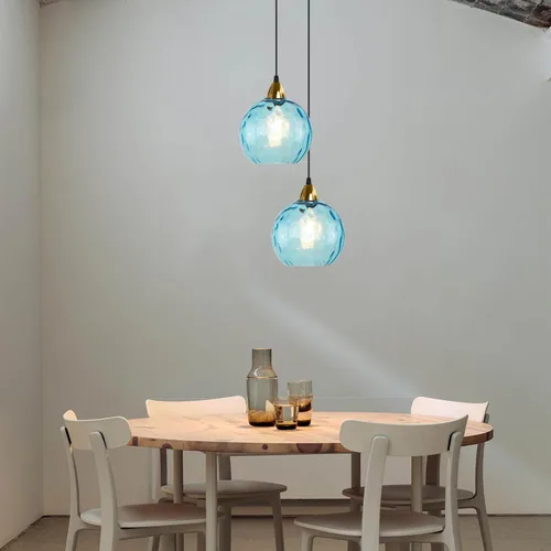 Miniatura 9 de BOKT Moderna Lámpara Colgante de Vidrio Azul Accesorio de Luz Latón Cepillado Dorado Globo Iluminación Colgante 1 Luz Bola Grande Redonda Lámpara