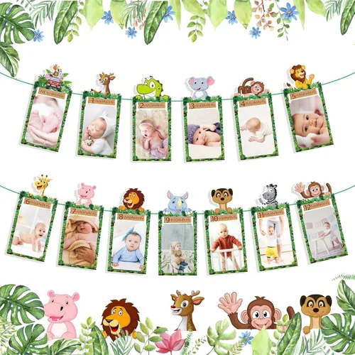 Miniatura 10 de Decoraciones de primer cumpleaños de dinosaurio, cartel de fotos de primer cumpleaños para bebés de recién nacido a 12 meses, decoraciones