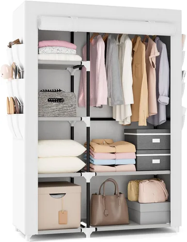Miniatura 10 de VTRIN Armario Ropero, 41.7 Pulgadas de Ancho Armarios Portátiles para Colgar Ropa con 1 Barra para Colgar, 6 Estantes, 6 Bolsillos, Perchero