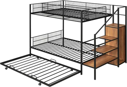 Miniatura 5 de Litera de metal individual sobre cama matrimonial con nido y escalera de almacenamiento lateral y armario, color negro
