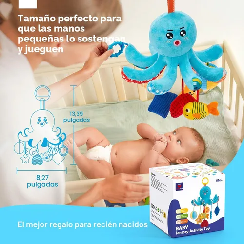 Miniatura 8 de hahaland Juguetes para bebés de 0 a 6 meses – Juguetes para asiento de automóvil, juguete de pulpo con cuerdas de tracción, chirriante, sonajero