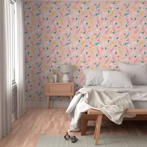 Miniatura 5 de Papel tapiz para despegar y pegar, diseño retro de los años 80, diseño abstracto de los años 1980, confeti de surf rosa para niños, papel tapiz