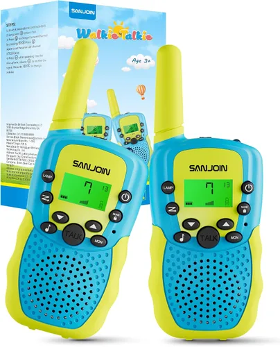 SANJOIN Paquete de 2 walkie talkies para niños, juguetes para niños de 3 a 12 años, juegos al aire libre, walkie talkie de rango de 3 millas para
