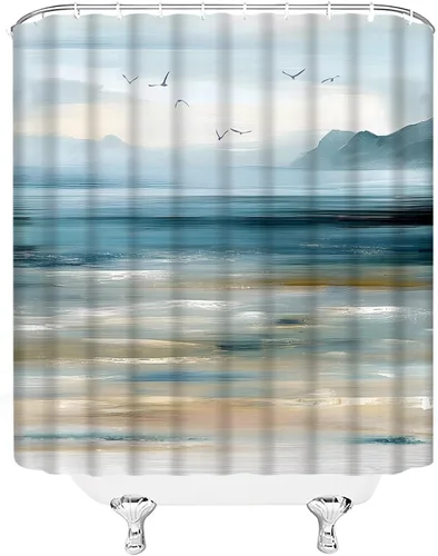Miniatura 6 de Cortina de ducha abstracta de playa, océano, olas de mar, montaña, naturaleza, paisaje, pintura al óleo, cortina de decoración de baño con ganchos