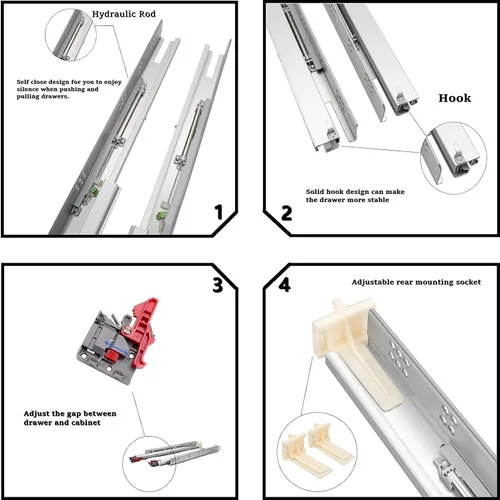 Miniatura 3 de Gobrico Diapositivas de cajón de cierre suave montadas debajo de 21 pulgadas, 5 pares de extensiones completas ocultas para cajones 533 deslizadores