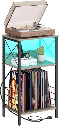 Miniatura 8 de Sthmec - Mesa auxiliar de 3 niveles con estación de carga, tocadiscos LED para almacenamiento de vinilo, estante de discos para álbumes, mesas