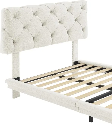 Miniatura 8 de Cama de plataforma flotante, marco de cama de madera tamaño individual con rayas claras, tela de lino suave y cabecera de diseño capitoné