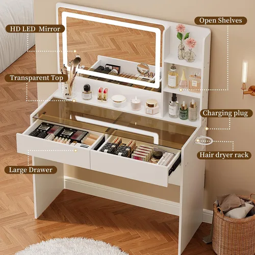 Miniatura 2 de Escritorio de maquillaje con espejo y luces, 3 modos de iluminación y brillo ajustable, tocador de maquillaje con toma de corriente, 2 cajones RGB