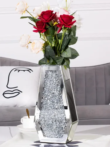 Miniatura 5 de Jarrón de flores con diamantes triturados, jarrones de espejo plateado para centros de mesa, jarrón de cristal brillante decorativo para decoración