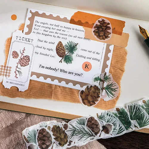 Miniatura 5 de 8 rollos de cinta adhesiva Washi vintage, diseño de pétalos de flores, hojas de helecho, mariposas, hojas de pino, hongos para bricolaje, diario