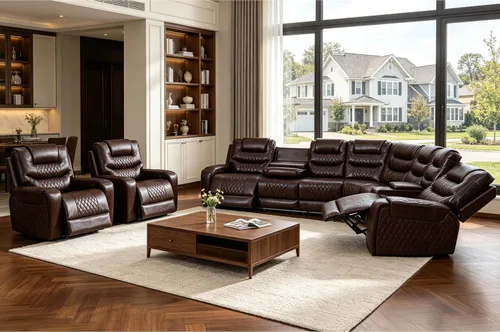 Miniatura 12 de Juego de sofá modular reclinable eléctrico con LED, juegos de muebles de sala de estar, sofá reclinable de cuero para sala de estar/cine en casa