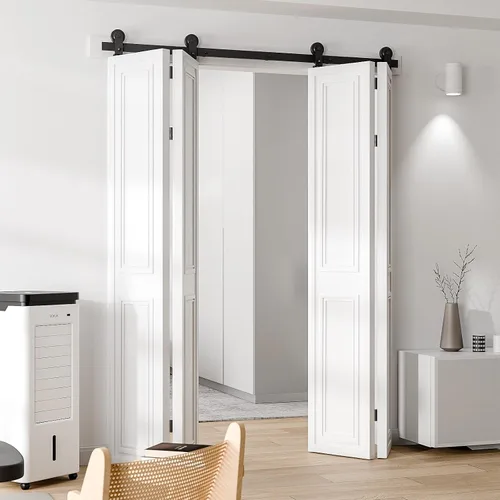 Miniatura 5 de Kit de herrajes para puerta corrediza de granero plegable de 76 pulgadas para 4 puertas, rodillo de montaje superior, suave y silencioso, fácil