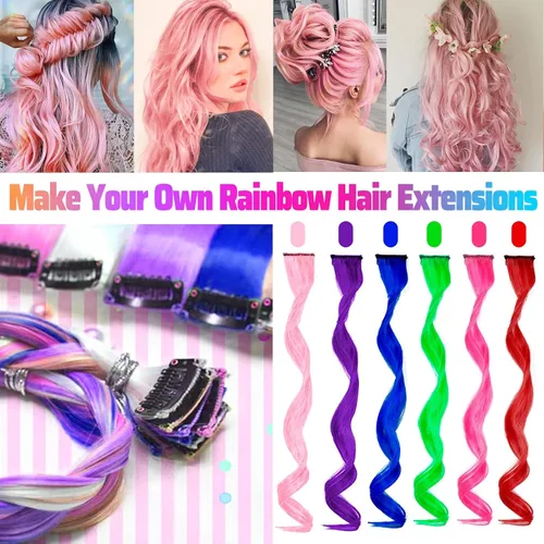Miniatura 2 de GPOVVIMX 12 extensiones de cabello rosa con clip, extensiones rizadas y onduladas de color para niños y niñas, extensiones sintéticas con reflejos