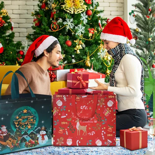 Miniatura 3 de AhfuLife 12 piezas bolsas de regalo de Navidad extra grandes, 15.7'' x 14.2'' x 5.9'', bolsas tipo tote de Navidad con asas, bolsa de compras A: 12
