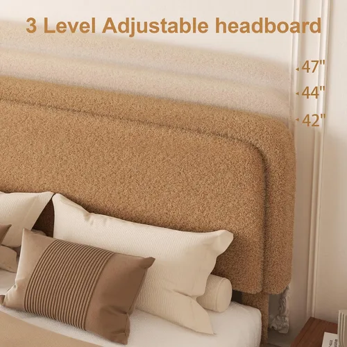 Miniatura 4 de Marco de cama tapizado Boucle de tamaño matrimonial con cabecera ajustable, cama de nube suave, no necesita somier, fácil montaje, sin ruido