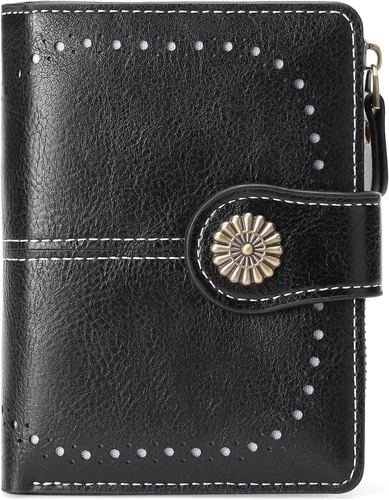 Miniatura 10 de Cartera pequeña para mujer, de piel, plegable, compacta, con bloqueo RFID, con bolsillo con cremallera para monedas, A01 Rojo Vino, Classic